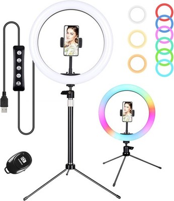 Zacro 10'' RGB Ringlicht mit Stativ, 2 Handyhalter & Fernbedienung Selfie