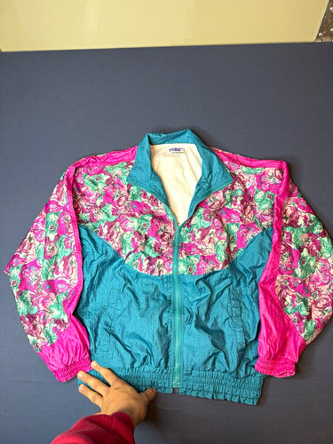Puma, Vintage 90s Puma Floral Windbreaker Jacket Teal Pink Colorblock Retro