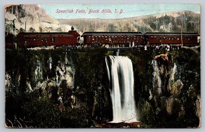 Vintage Spearfish Falls Black Hills S.D. Postcard with Train 1907