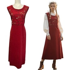 Vtg 90s Red Velvet Maxi Dress Size XL Jumper Floral Embroidered Cottagecore Y2K