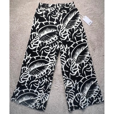 Rose Olive Wide Leg Cropped Pants NWT Boho Festival Vacation Black Leaf Print XS