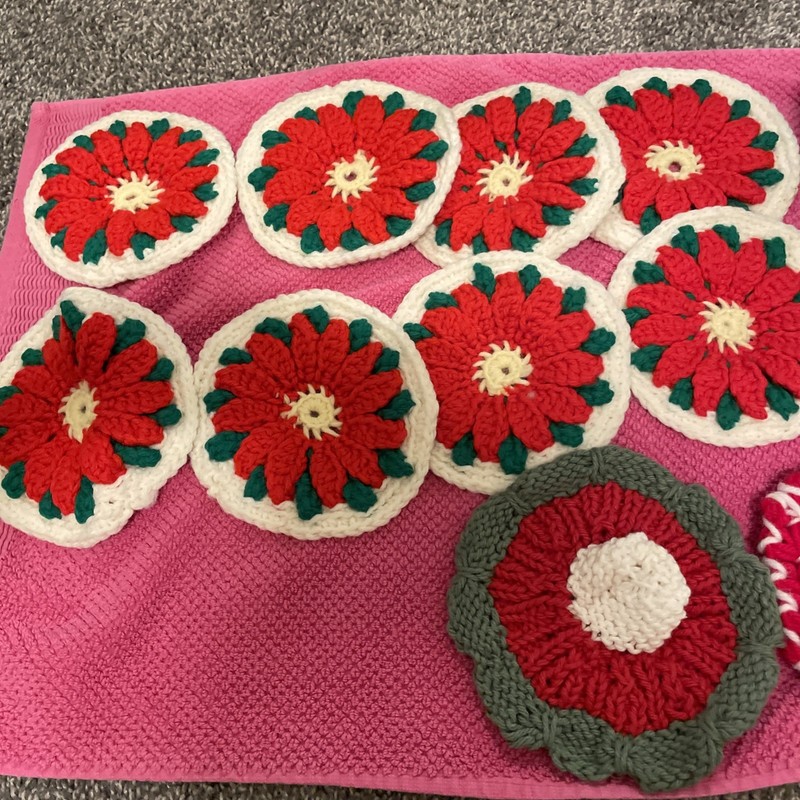 Vintage 8  Crochet Christmas Poinsettia Coasters With Crochet Holder And More
