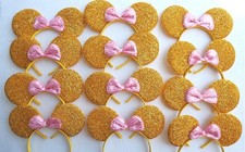 12pc Minnie Mouse Headband Shinny Gold Ears with Pink Bow Birthday Party Costume