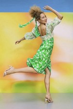 RIXO DAISY LONG SLEEVE SWING DRESS RAYON CREPE SMOCK BACK MULTICOLOR SIZE 10