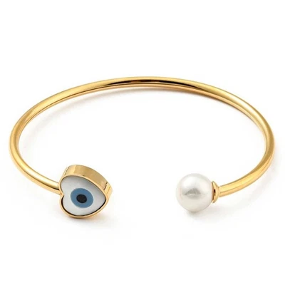 Bracelet manchette doré ouvert protection mauvais oeil coeur nacre et perle du - Photo 1/2