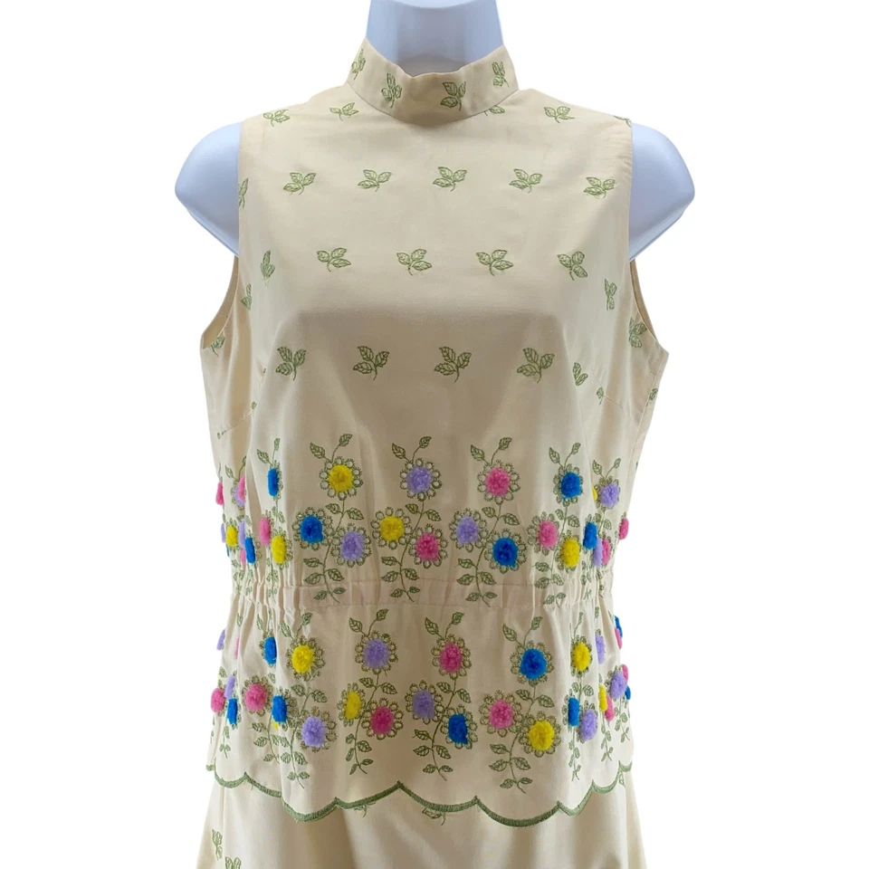 Vintage Bonwit Teller Skirt Set Medium Beige Green Eyelet Lace Leaves Pom Poms - Image 2 of 4