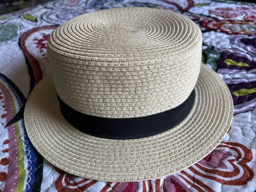 Summer Boater Paper Staw Hat Short Brim Black Ribbon Men Women Sz M/L 55.5cm EUC - Picture 6 of 13