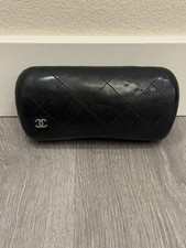 Authentic Chanel Glasses Case Black Quilted Leather Hard Clam Shell w/ CC Logo