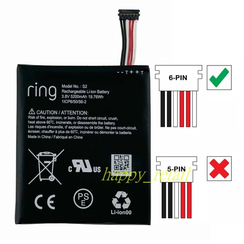 New Battery S2 (6 pins) 5200mAh for Ring Video Doorbell 2nd Gen (6 cable Only)