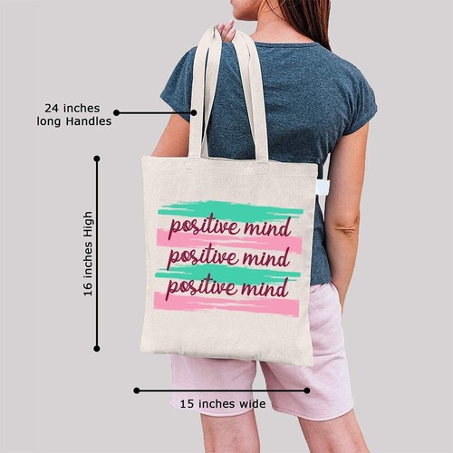 Women’s Tote Bag Canvas Beige Positive Mind Graphic Book Grocery Bag 15x16” - Picture 2 of 3