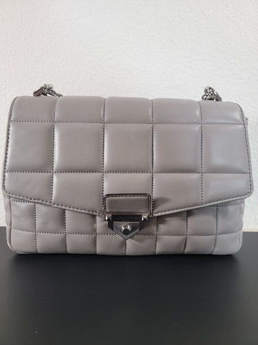 MICHAEL KORS SOHO LARGE PEARL GRAY SILVER QUILTED LEATHER CROSSBODY BAG