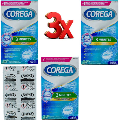 COREGA 3 MINUTES Extradent Tabs Active Bubbles 3 x Full Boxes 108 Tablets Total
