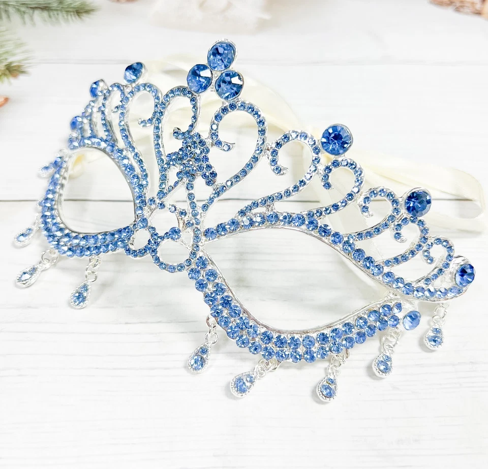 Blue Crystal Masquerade Mask, Silver Venetian Mask, Sapphire Teardrop Mask, Gift - Image 4 of 4