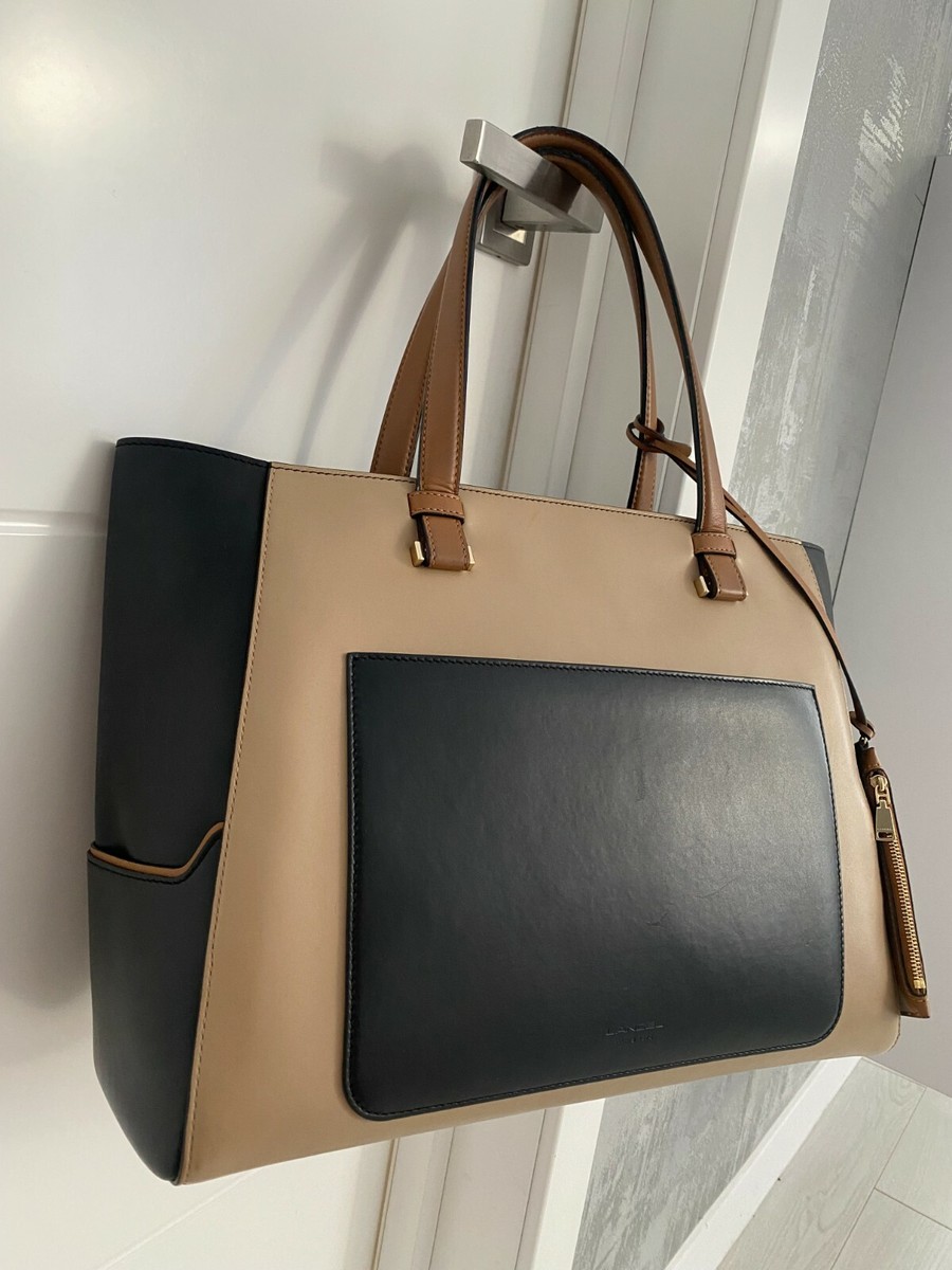 Lancel L Large Tote Shoulder Bag Shopper Beige Black Leather