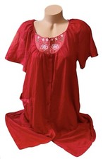 KELLY REED Red Shiny Sheer Button Embroidery Nylon Robe Nightie Nightgown