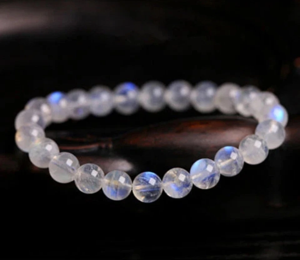 Pulsera de cuentas de piedra lunar natural grado AAA+ 7 mm cristal curativo destello azul Foto 3 de 4