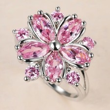 Women's Adorable Pink Cubic Zirconia Marquise Round Cut Floral Ring