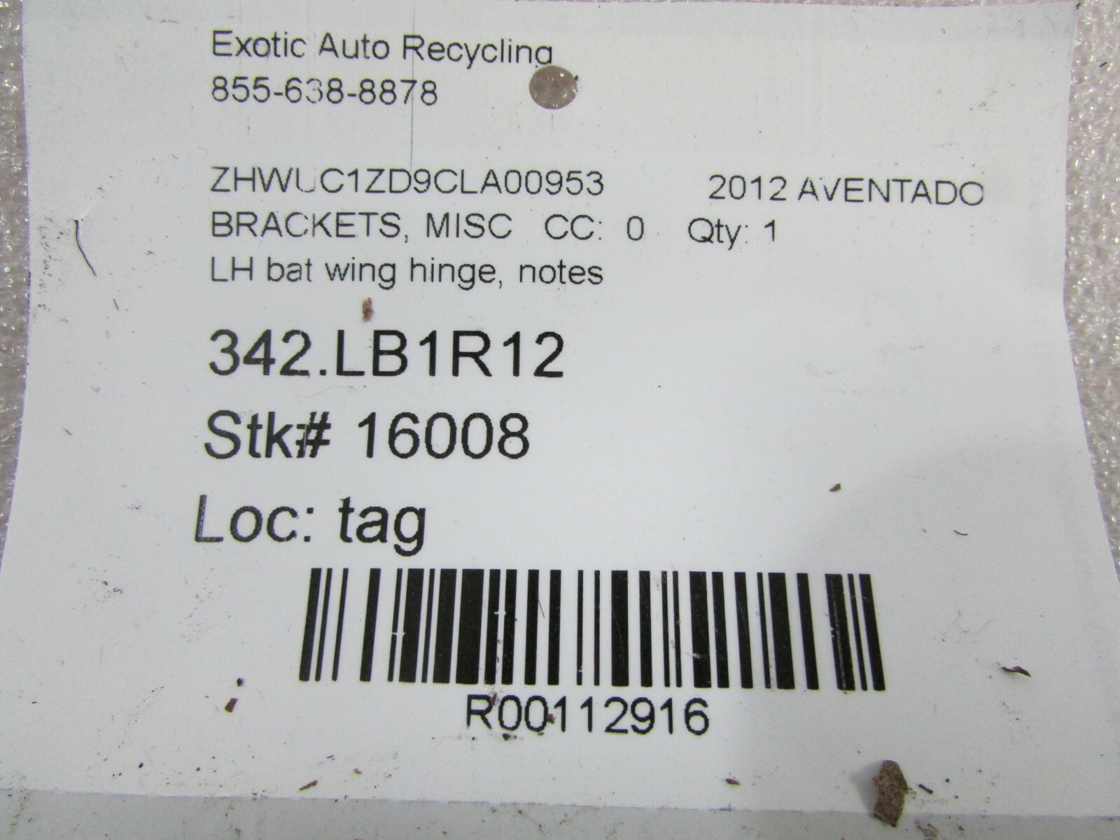 Lamborghini Aventador, LH, Left Bat Wing Hinge, Used, P/N 470813893, 470814525