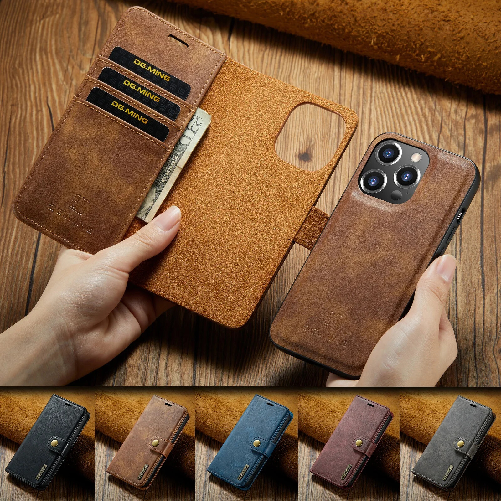 For iPhone 16 Pro Max 15 12 13 11 14 Detachable Wallet Holder Leather Phone Case