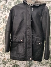 Womens Canda C&a Black Pig Split Leather Coat With A Hood Uk 10 Front Pockets 