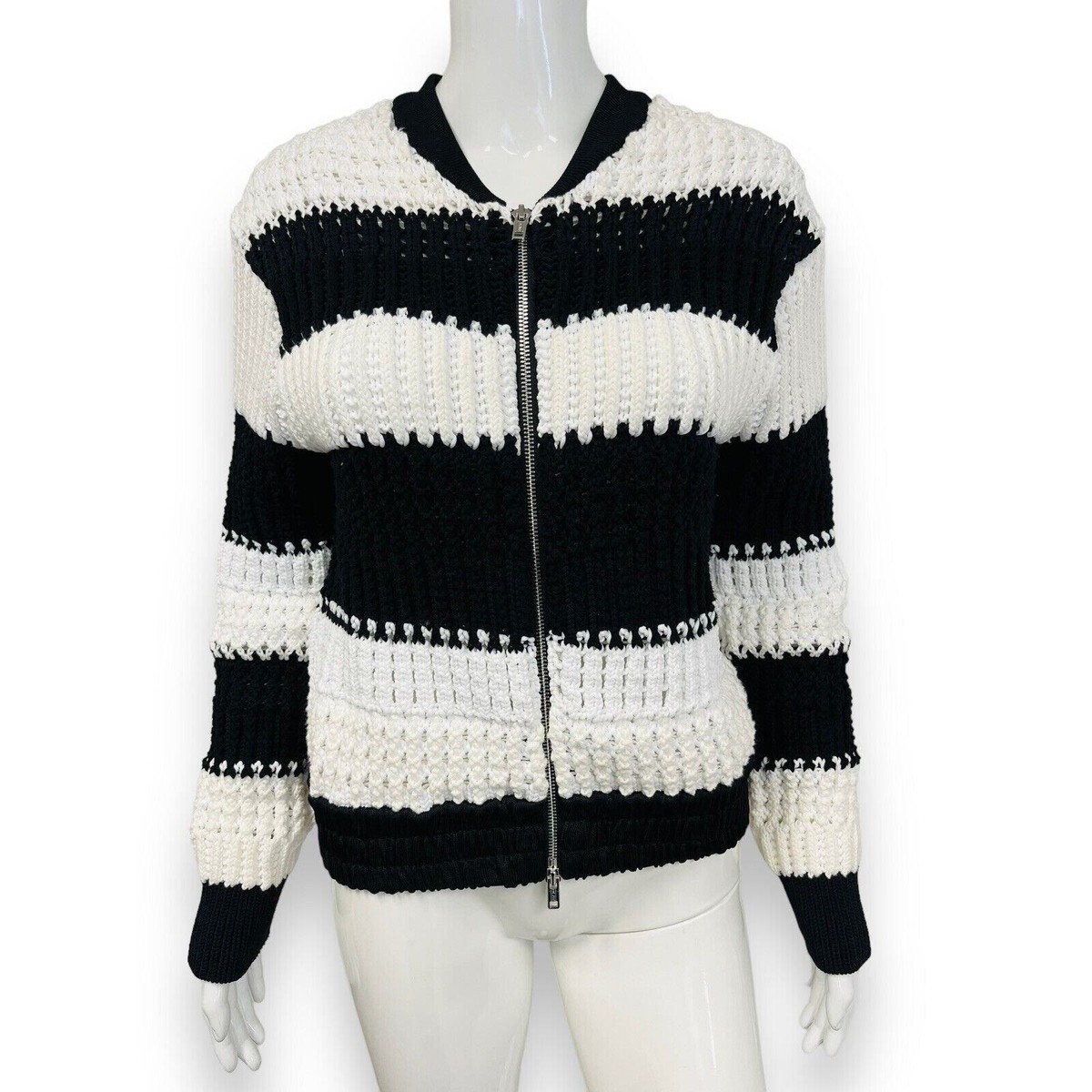 3.1 PHILLIP LIM Black And White Chunky Knit Bold Striped Zip-Up