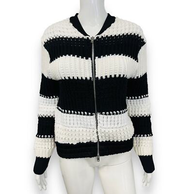 3.1 PHILLIP LIM Black And White Chunky Knit Bold Striped Zip-Up