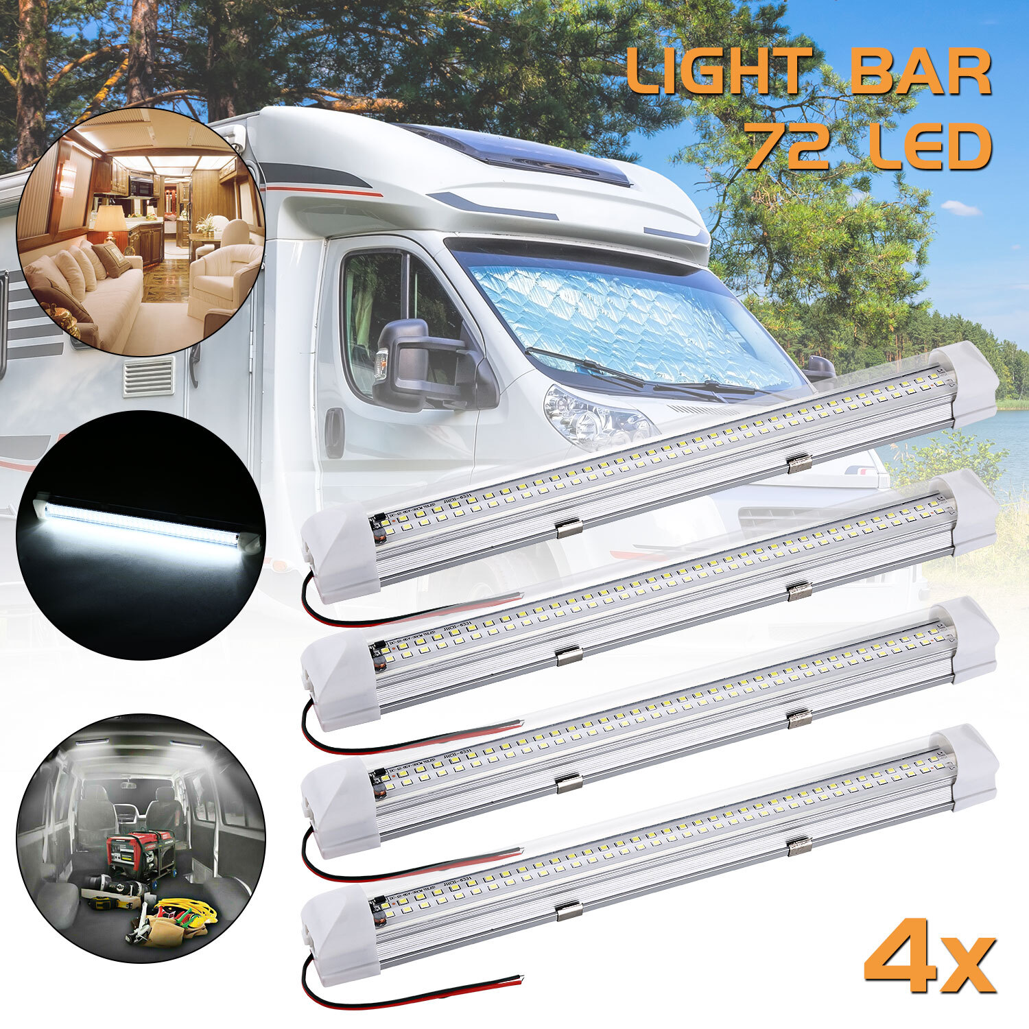 2/4pcs 12V 72LED Interior Strip Lights Bar Lamp White Car Van Caravan