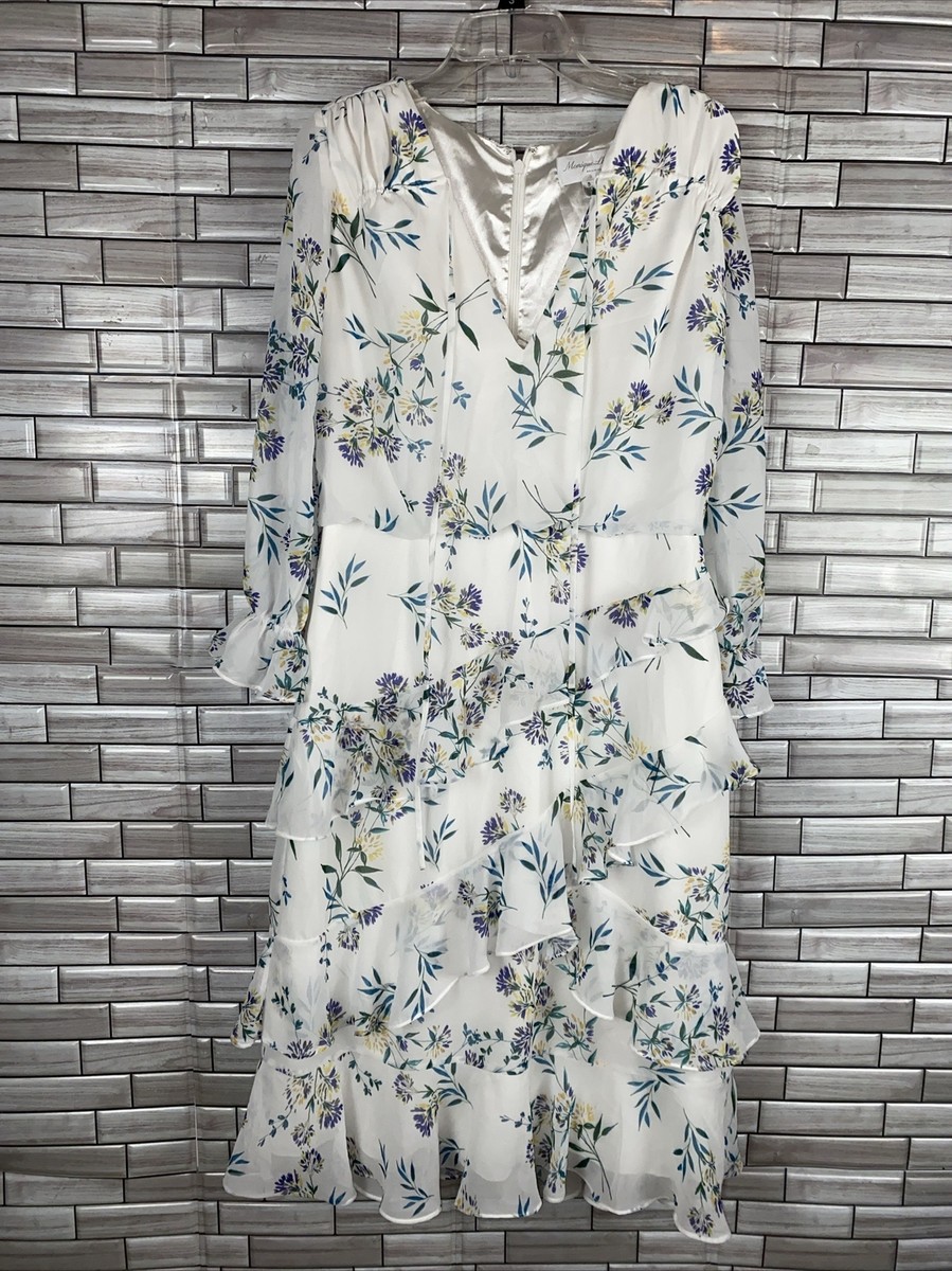Monique Lhuillier Bridesmaid Floral Ruffle Midi Dress Size 8 Wedding | eBay