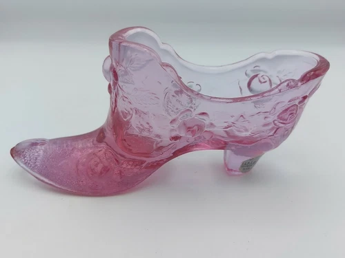 Vintage Fenton Art Glass Dusty Rose Pink Cabbage Rose Shoe Slipper Sticker/Stamp