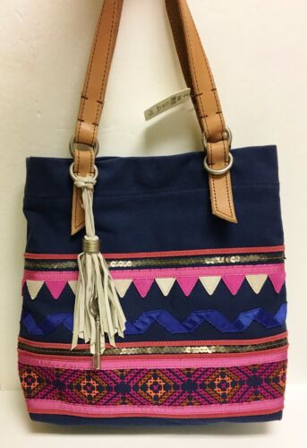 NEW FOSSIL JESSE NAVY BLUE+PINK RIBBON EMBELLISHED TOTE, SHOULDER HANDBAG, PURSE - Picture 2 of 9