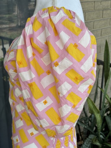 Zara Printed Poplin Puff Sleeve Bodysuit Pink Yellow Smocked Abstract  M - Picture 5 of 20