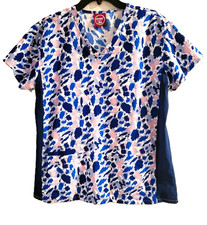 Divine by JDM Women s Scrub Top V-Neck Blue, Pink, White Abstract Print Size L