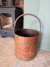 Great Looking Antique Riveted Copper & Brass Bucket For Kindling, Coal Etc 1.7kg