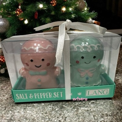 Christmas Gingerbread LANG Pastel Pink, Blue Salt And Pepper Shaker Collectible