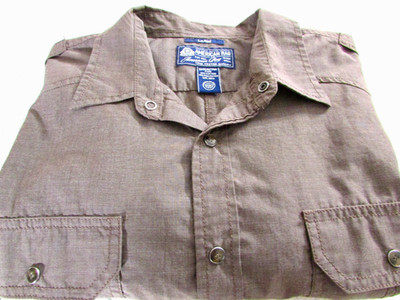 American Rag Long Sleeve Snaps Shirt Large Brown Gray Sleeve roll and snaps up