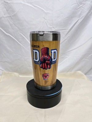 Super Dad 20 oz Tumbler   Painted Wood Grain Look   Spider Hero Fist Bump Design