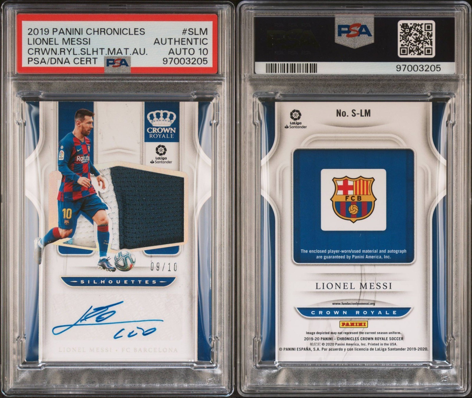 2019-20 Panini Chronicles Crown Royale Patch Auto Lionel Messi #/10 PSA Auto 10 view 2