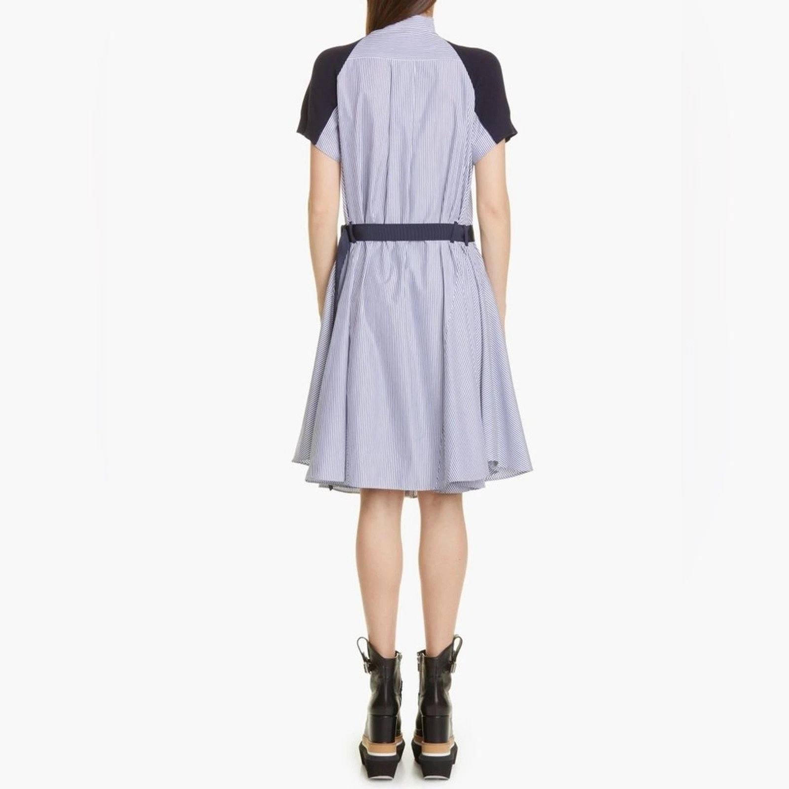 Camicia ibrida SACAI nuova senza etichette abito blu navy righe 100% cotone maglia overlay taglia 1 XS