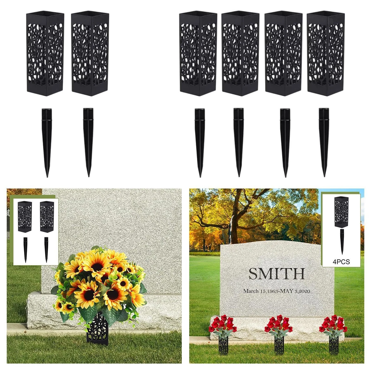 OPTIMUM Vaso da fiori sottile per cimitero, in plastica (granito grigio chiaro) con picchetto in metallo, segnalatore per tombe, decorazioni per tombe, porta fiori per lapide, giardino e cortile