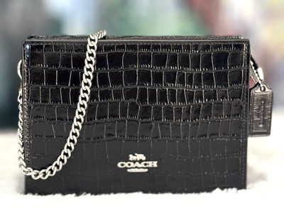 NWT Coach Slim Crossbody Clutch Croco Embossed Leather CR237 In BLACK Silver