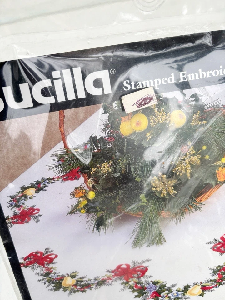 Bucilla Stamped Embroidery Christmas Garland Tablecloth 60" Round 1998 New 83966 - Image 2 of 3