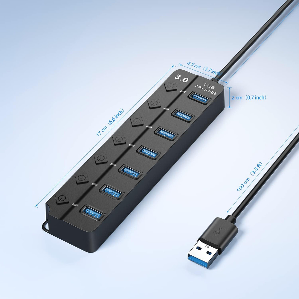 USB Hub 3.0, 7-Port USB Hub Splitter with Individual On/Off Switches and Lights,