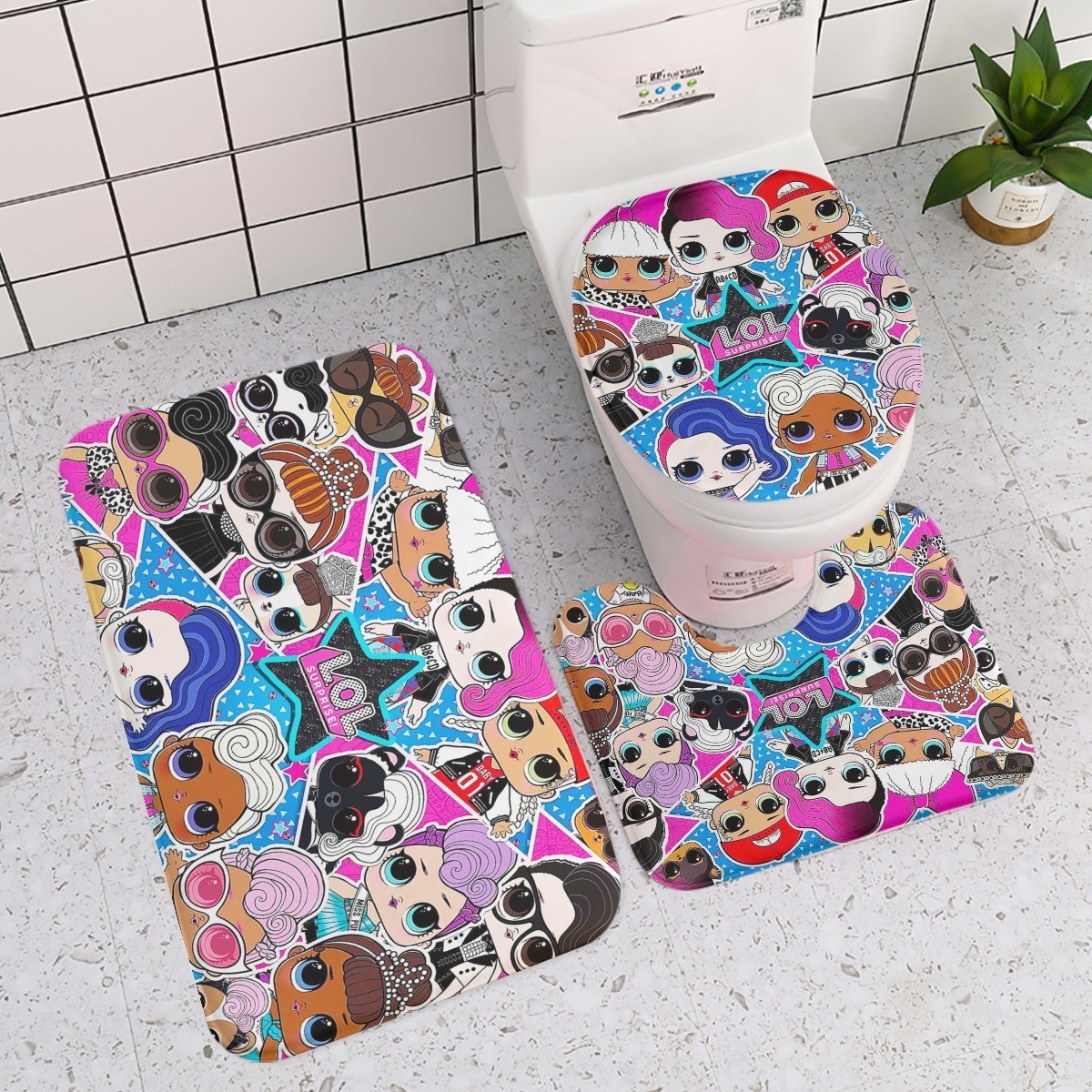 For Girls Print Bathroom Mat Toilet Mat Toilet Lid Cover 3pcs Anti-slip