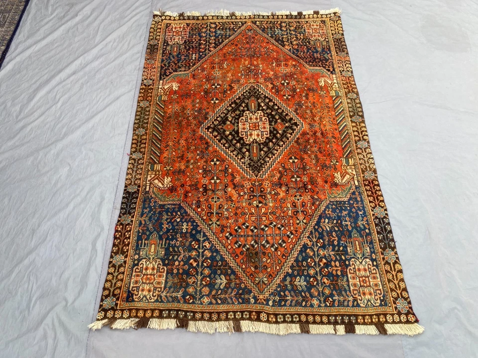 Alfombra de lana Qashqaai vintage Fars Region 4x7 - terracota y azul marino tribal - nómada. Foto 2 de 4