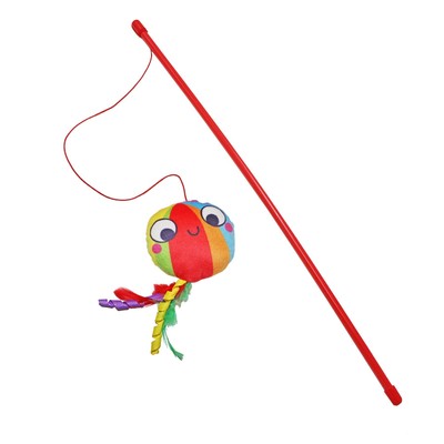 Katzenspielzeug Plüsch Gesicht mit Federn auf Teaser Stick von World Of Pets - Regenbogen
