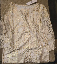 NWT *** Rebecca Malone White With Gold Leopard Type Print 3/4 Sleeve Top Size M