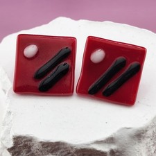 Red Fused Glass Square Stud Earrings Black White Geometric Artisan Statement