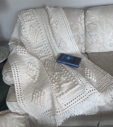Vtg Handmade Afghan 40x52 Ivory White Cable Knit Popcorn Fringe Boho Blanket