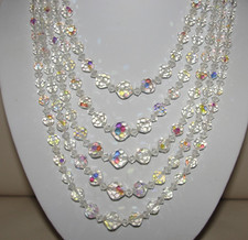 Vintage AB Crystal Glass Bead Multi Strand Necklace 1950s Iridescent Faceted Gra