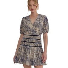 Entro Antique Print Smocked Mini Dress Blue Cream Women's L Cottagecore Summer